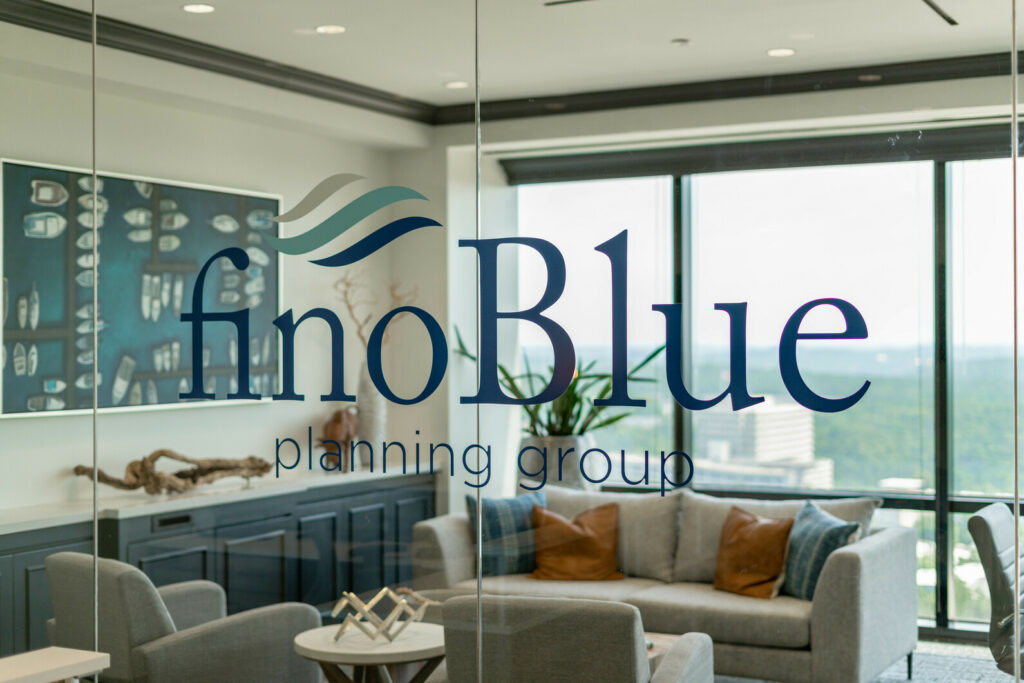 looking into the offices with the finoblue logo on glass door